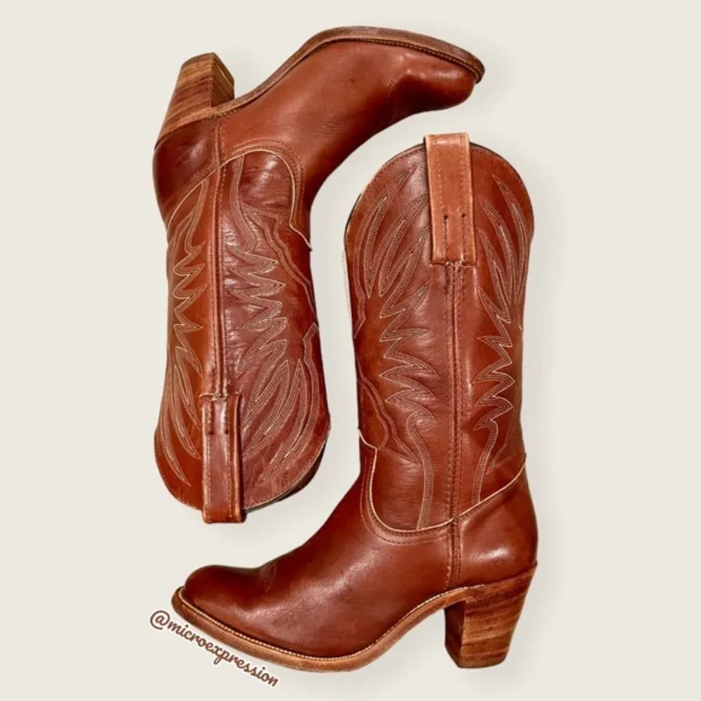 1990s VINTAGE Frye Billy Pull-On Cognac Leather Embroidered Festival Cowboy Boot